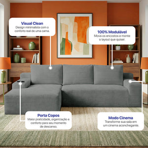 Sofá Evo com Chaise Lounge a Vácuo Velourê 3 módulos