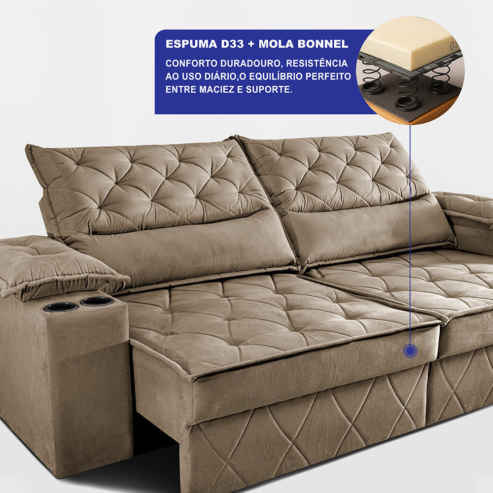 Sofá Retrátil e Reclinável com Porta Copos e Molas Cosmos Velusoft Cama inBox