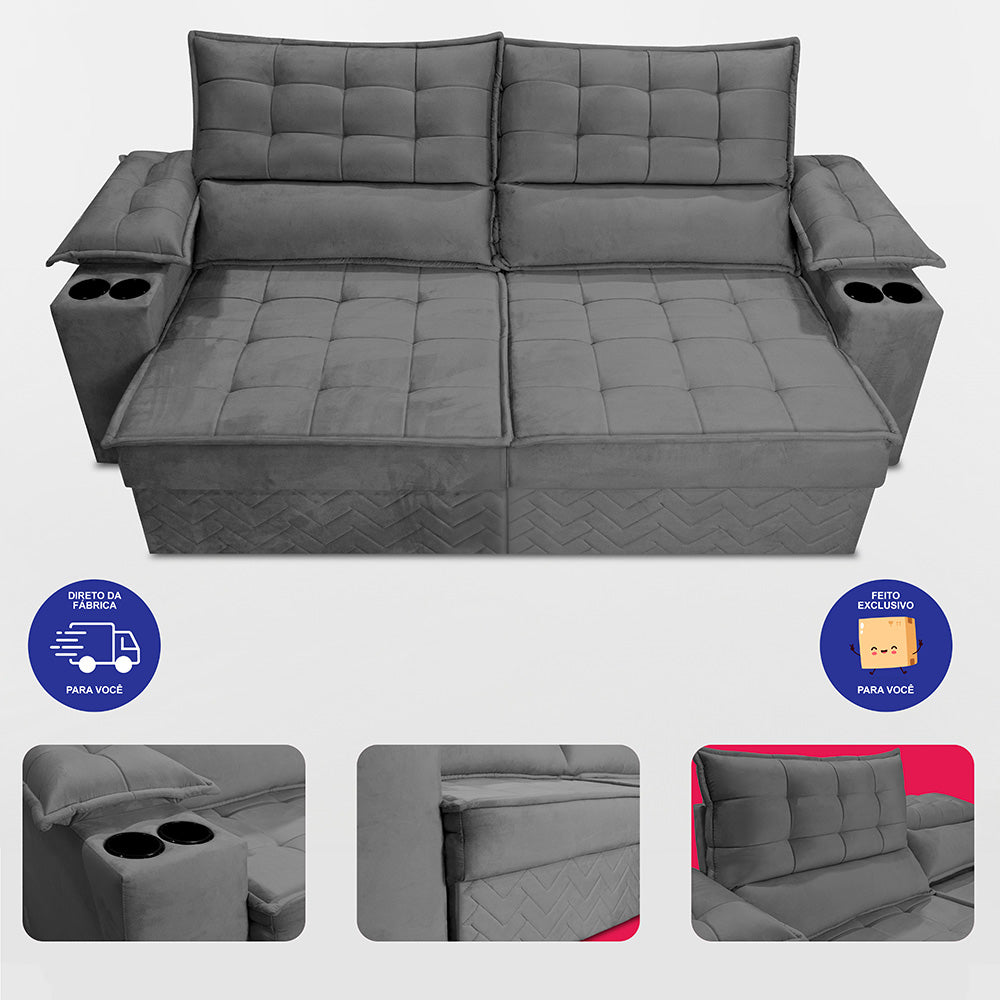 Sofá Retrátil e Reclinável 2,10m Verona com Porta Copos Velupluma Cama inBox