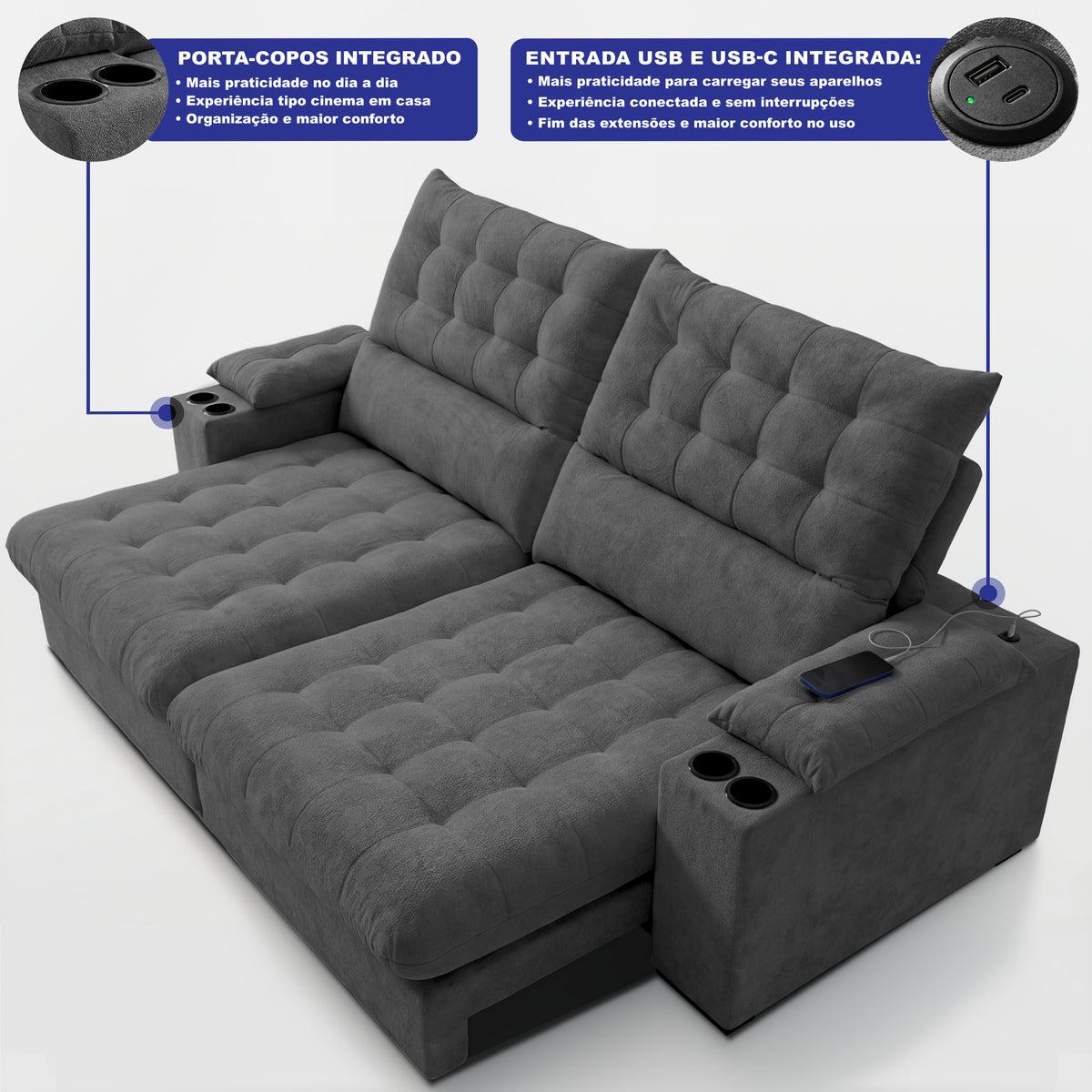 Sofá Retrátil e Reclinável Arena com Molas Ensacadas e Carregador USB-C Bouclê Cama inBox