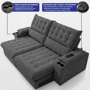 Sofá Retrátil e Reclinável Arena com Molas Ensacadas e Carregador USB-C Bouclê Cama inBox