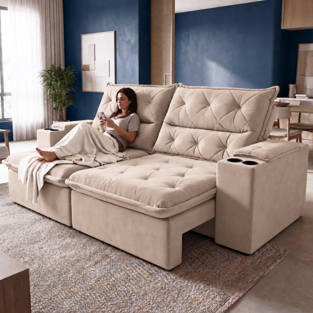 Sofá Retrátil e Reclinável Amalfi com Espuma SoftGel e Carregador USB/USB-C Velupluma Cama inBox