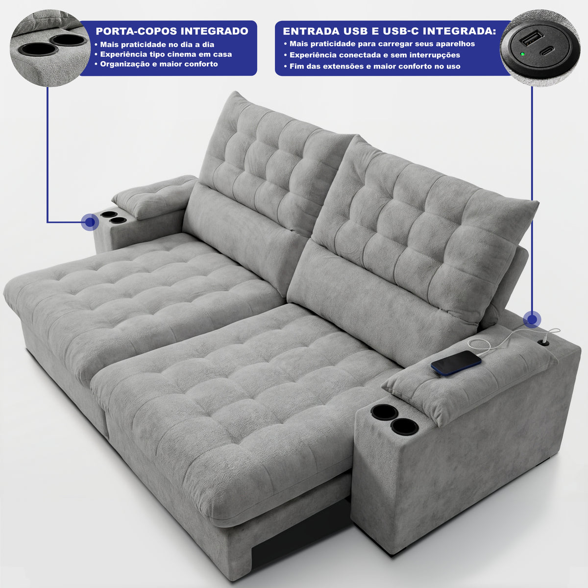 Sofá Retrátil e Reclinável Arena com Molas Ensacadas e Carregador USB-C Bouclê Cama inBox