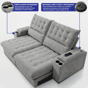 Sofá Retrátil e Reclinável Arena com Molas Ensacadas e Carregador USB-C Bouclê Cama inBox