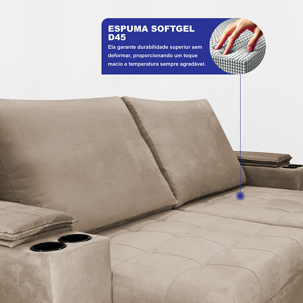 Sofá Retrátil e Reclinável 2,00m Milano com Porta Copos Velupluma Cama inBox