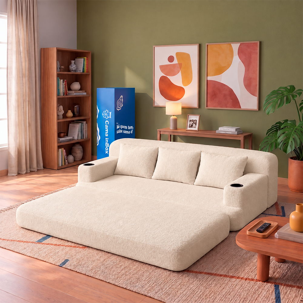 Sofá Cama Nami Xpand Tech a Vácuo Bouclê Cama inBox