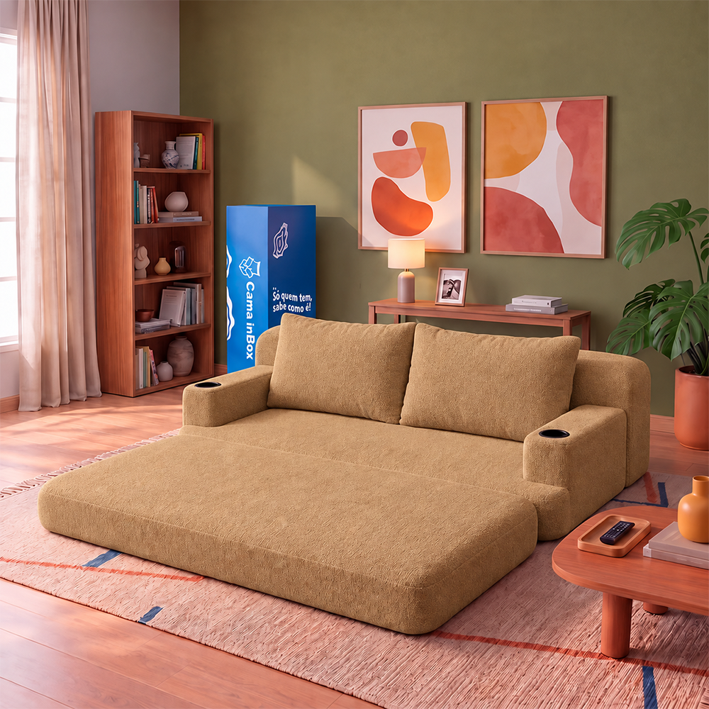 Sofá Cama Nami Xpand Tech a Vácuo Bouclê Cama inBox
