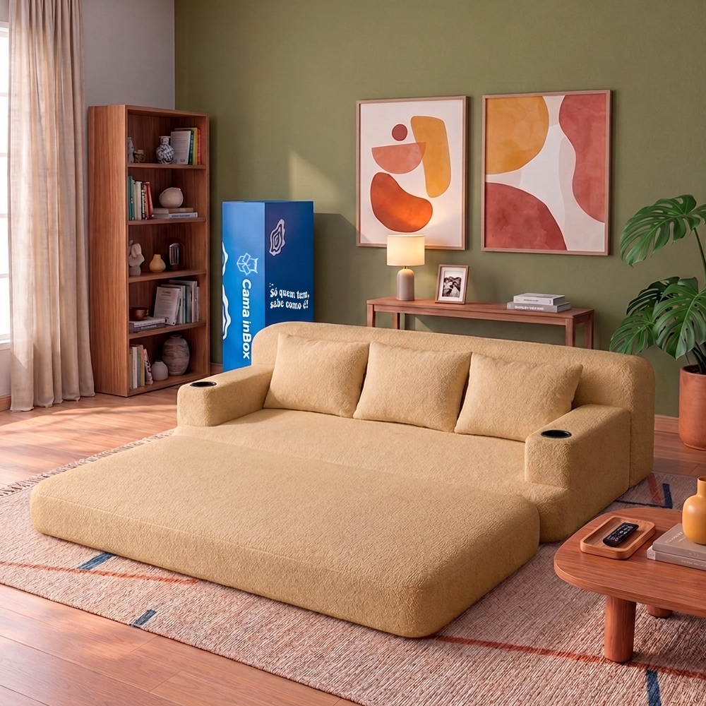 Sofá Cama Nami Xpand Tech a Vácuo Bouclê Cama inBox