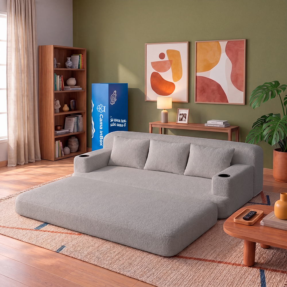 Sofá Cama Nami Xpand Tech a Vácuo Bouclê Cama inBox