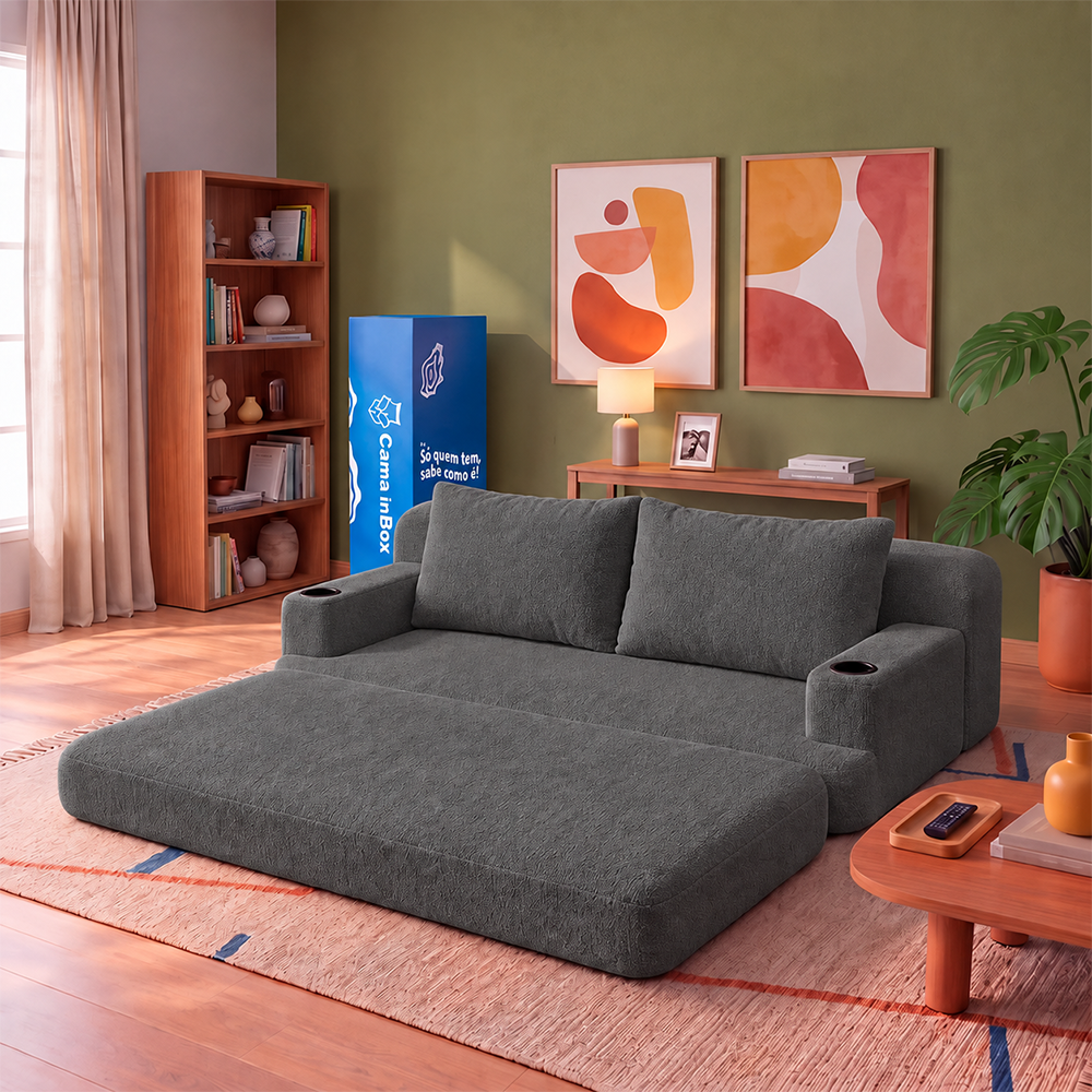 Sofá Cama Nami Xpand Tech a Vácuo Bouclê Cama inBox