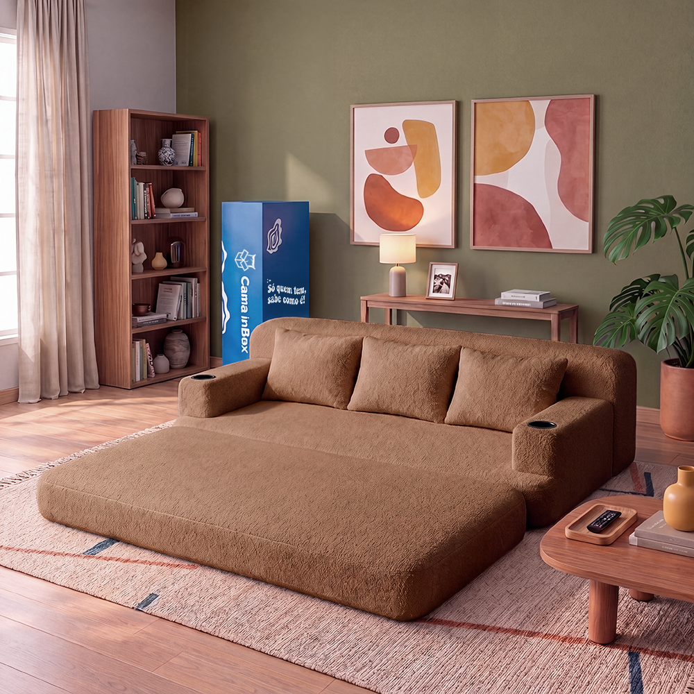 Sofá Cama Nami Xpand Tech a Vácuo Bouclê Cama inBox