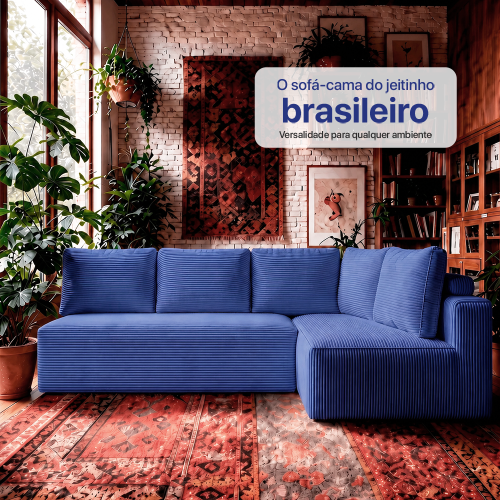Sofá de Canto Modular Vibe Direito 2,70m x 1,70m Xpand Tech Tecido Velourê Cama inBox
