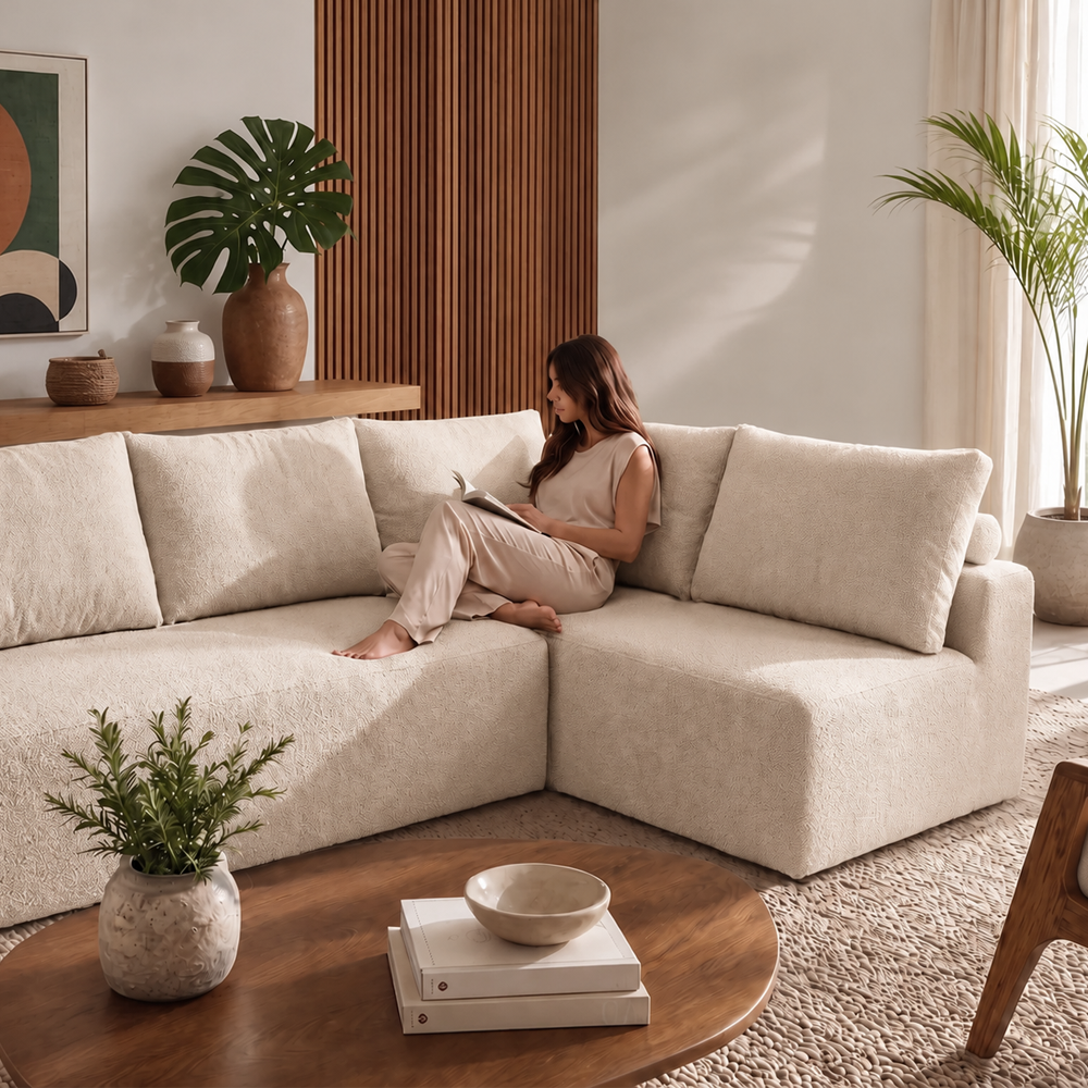 Sofá de Canto Vibe Direito 2,70 x 1,70 BoostTech Bouclê Cama inBox