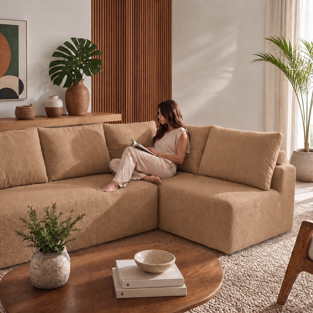 Sofá de Canto Vibe Direito 2,70 x 1,70 BoostTech Bouclê Cama inBox