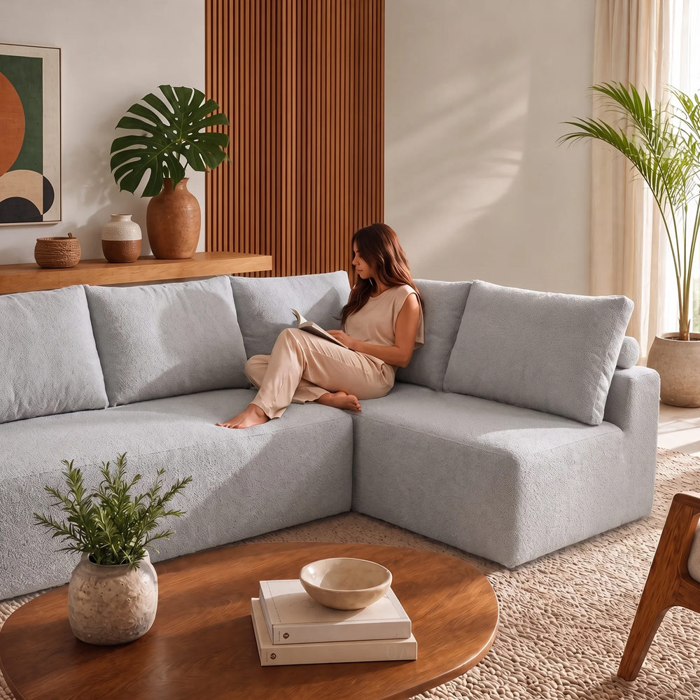 Sofá de Canto Vibe Direito 2,70 x 1,70 BoostTech Bouclê Cama inBox