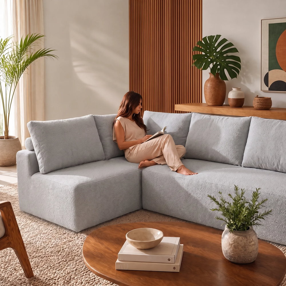 Sofá de Canto Vibe Esquerdo 2,70 x 1,70 BoostTech Bouclê Cama inBox