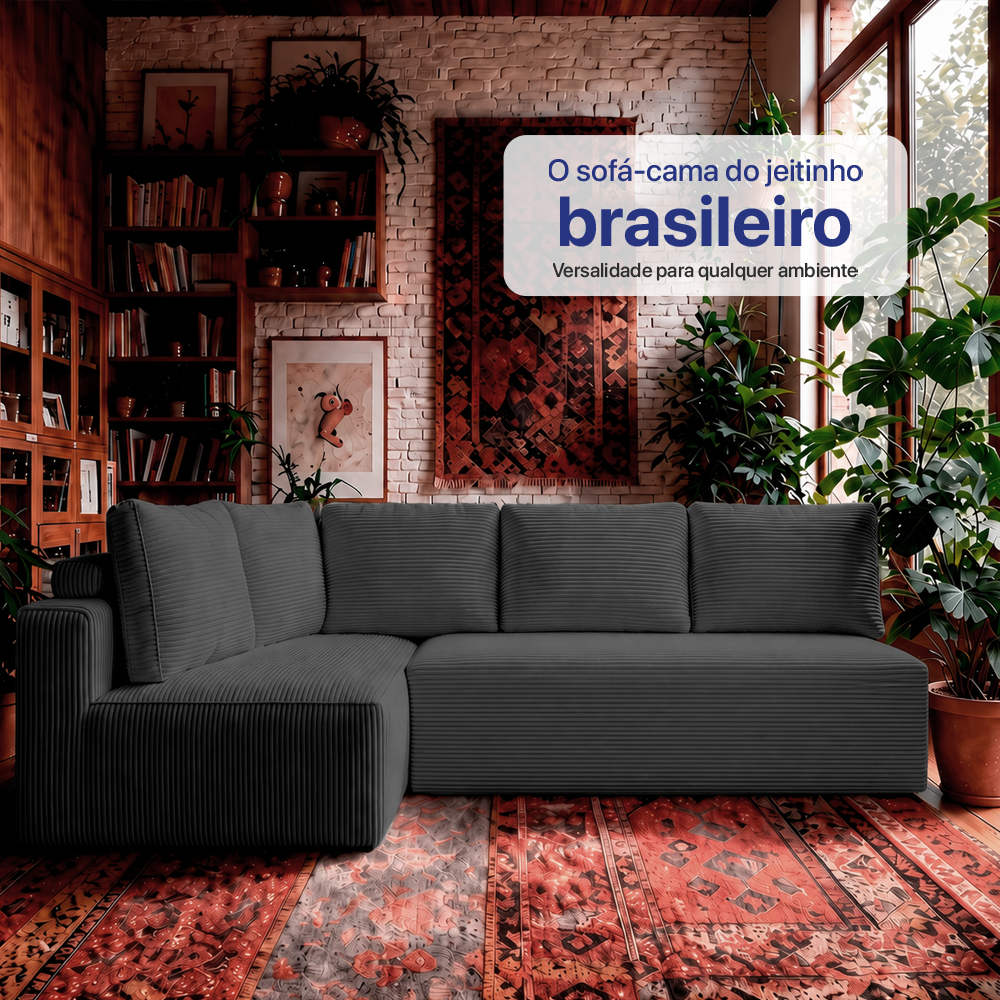 Sofá de Canto Modular Vibe Esquerdo 2,70m x 1,70m Xpand Tech Tecido Velourê Cama inBox