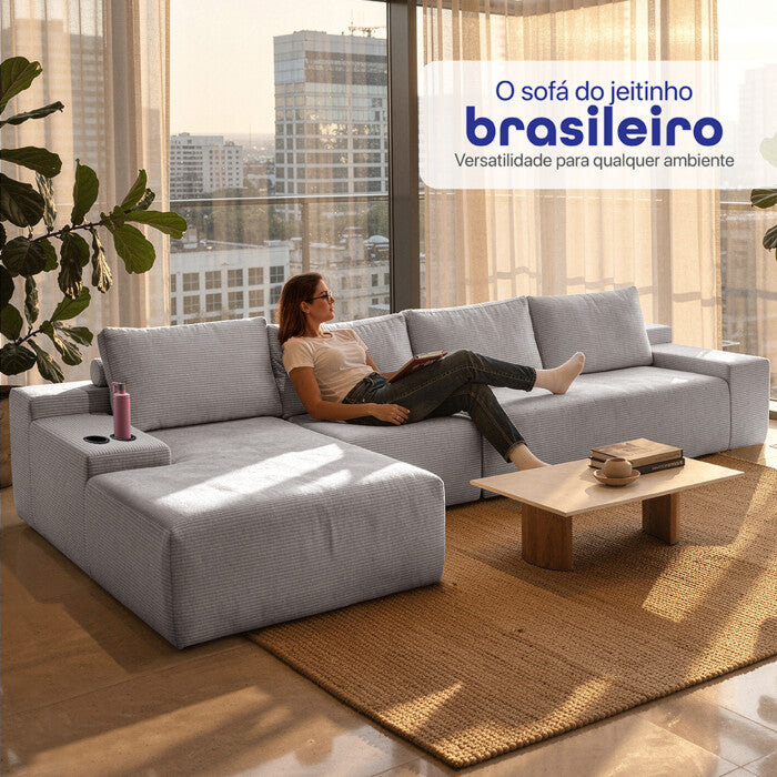 Sofá Evo com Chaise Lounge Velourê 4 módulos