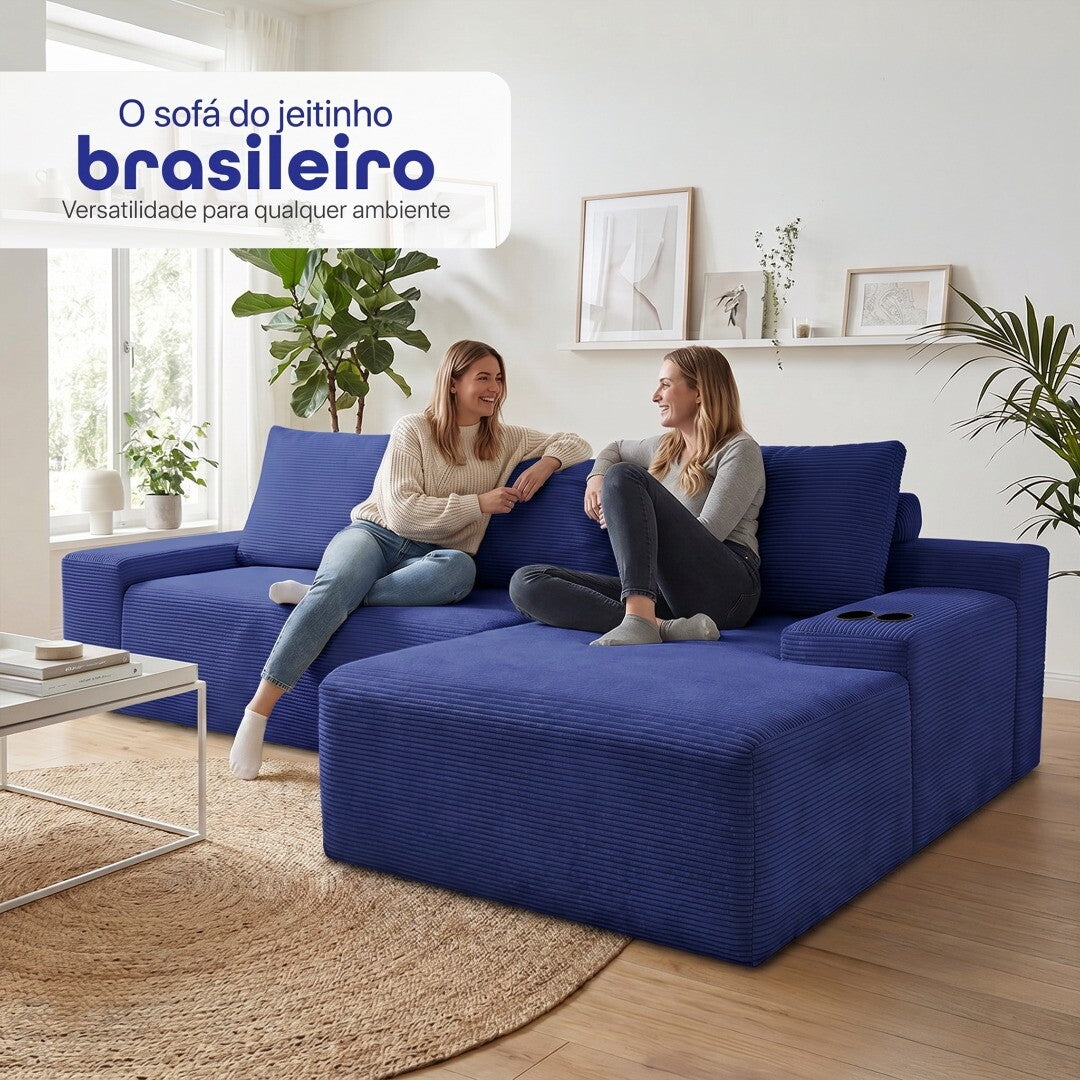 Sofá Evo com Chaise Lounge a Vácuo Velourê 3 módulos
