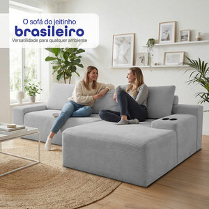 Sofá Evo com Chaise Lounge a Vácuo Velourê 3 módulos