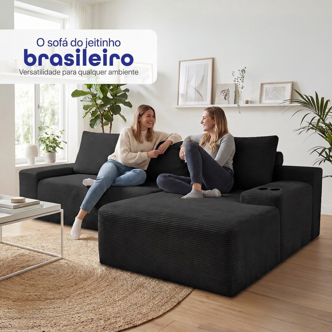 Sofá Evo com Chaise Lounge a Vácuo Velourê 3 módulos