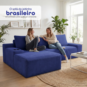 Sofá Evo com Chaise Lounge a Vácuo Velourê 3 módulos