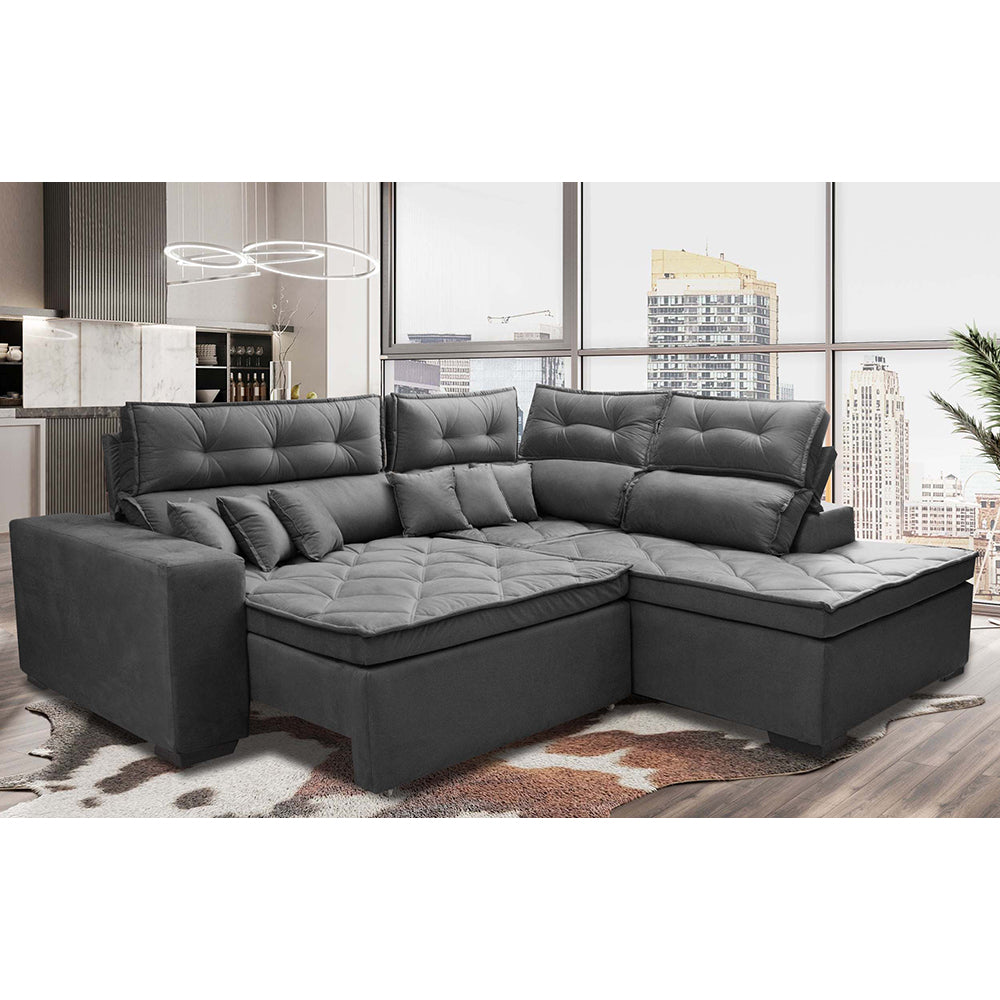 Sofá de Canto 2,60x2,36m Retrátil e Reclinável com Molas Cama inBox Platinum Direito Suede