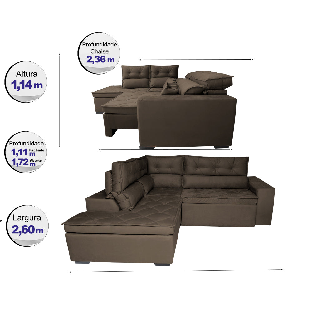 Sofá de Canto 2,60x2,36m Retrátil e Reclinável com Molas Cama inBox Platinum Esquerdo Suede