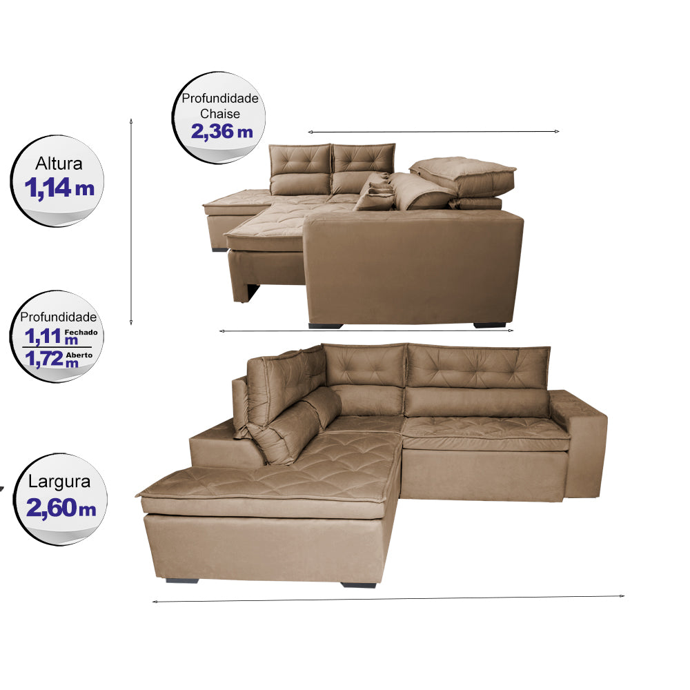 Sofá de Canto 2,60x2,36m Retrátil e Reclinável com Molas Cama inBox Platinum Esquerdo Suede