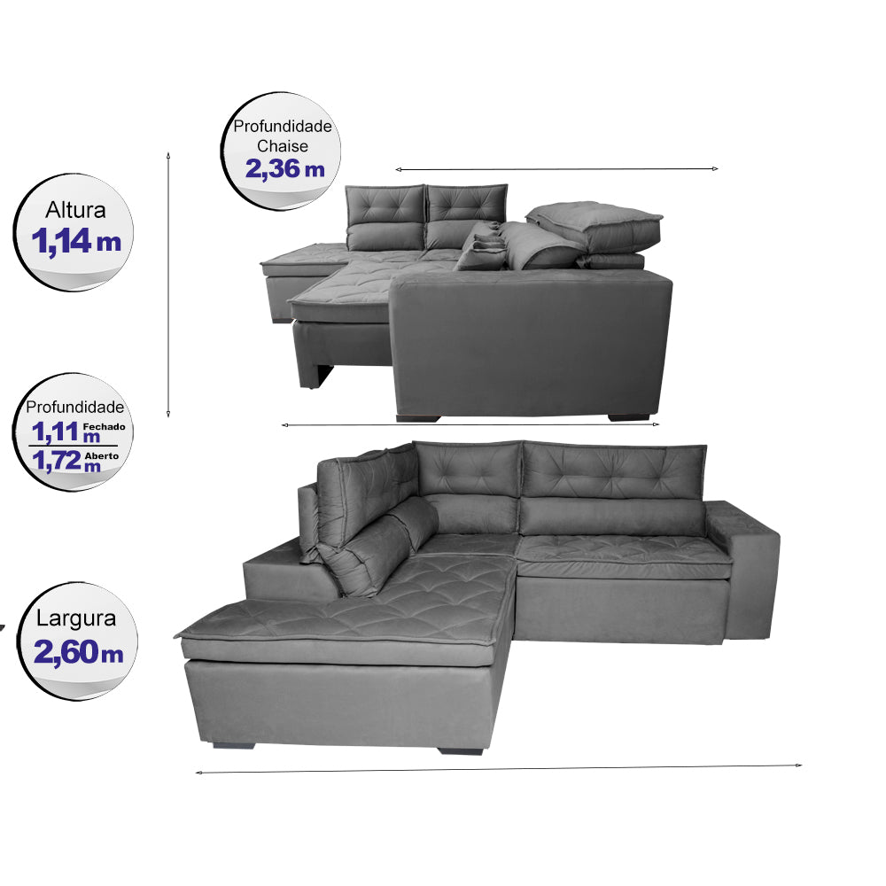 Sofá de Canto 2,60x2,36m Retrátil e Reclinável com Molas Cama inBox Platinum Esquerdo Suede