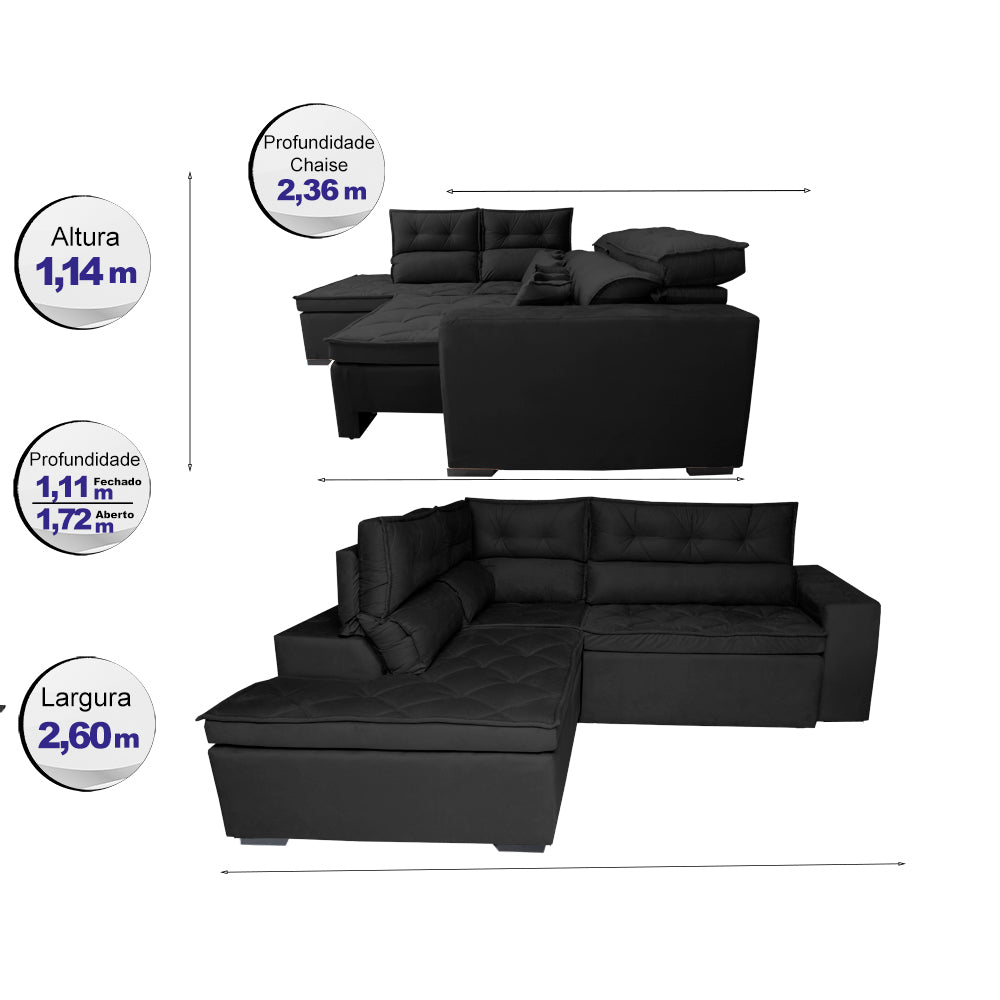 Sofá de Canto 2,60x2,36m Retrátil e Reclinável com Molas Cama inBox Platinum Esquerdo Suede