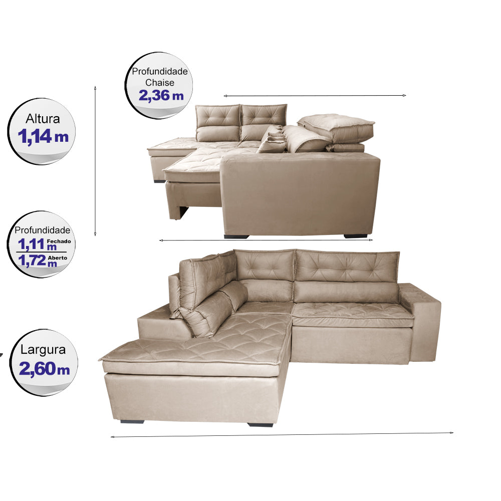 Sofá de Canto 2,60x2,36m Retrátil e Reclinável com Molas Cama inBox Platinum Esquerdo Suede
