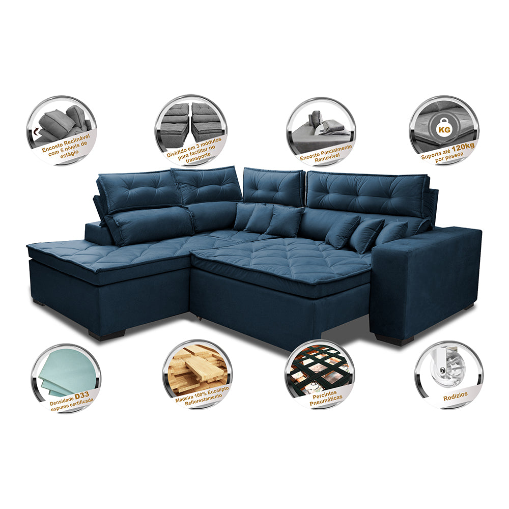 Sofá de Canto 2,60x2,36m Retrátil e Reclinável com Molas Cama inBox Platinum Esquerdo Suede