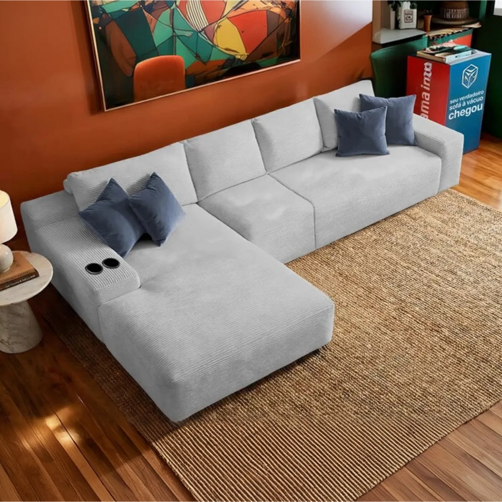 Sofá Evo com Chaise Lounge Velourê 4 módulos