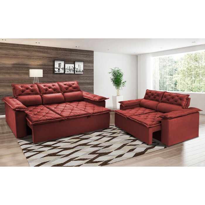 Conjunto de Sofá 3 e 2 Lugares Retrátil Reclinável Cama inBox Compact 2,00x1,50m  Velusoft Vermelho