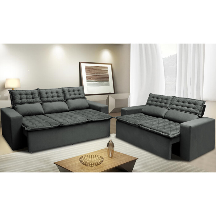 Conjunto de Sofá 3 e 2 Lugares Retrátil e Reclinável Cama inBox Slim 2,00x1,50m  Velusoft Cinza