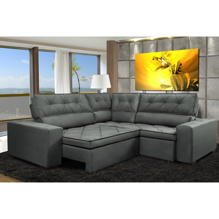 Sofa de Canto Retrátil e Reclinável com Molas Cama inBox Austin 2,70m x 2,70m  Suede Velusoft Cinza