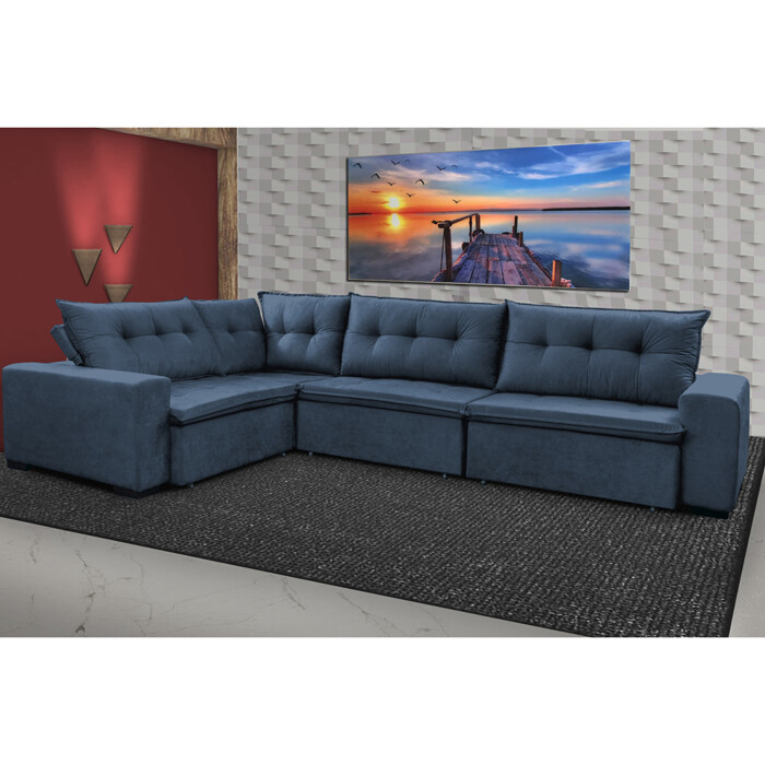 Sofa de Canto Retrátil e Reclinável com Molas Cama inBox Oklahoma 3,45X2,41  ou 2,41X3,45 Azul