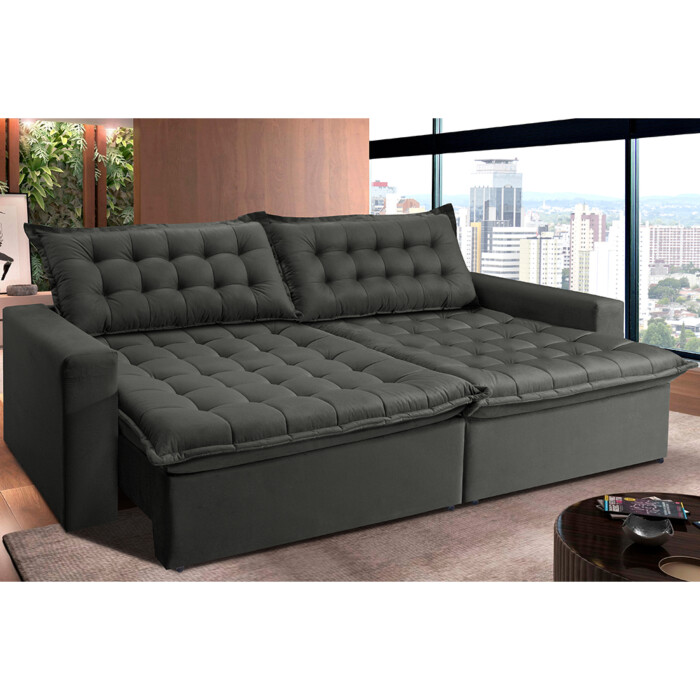 Sofa Cama Retratil Reclinavel 4 Lugares Cinza 2,35 m