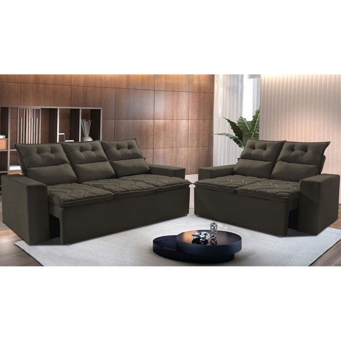 Conjunto de Sofá 3 e 2 Lugares Retrátil e Reclinável 2,00x1,50m Cama inBox  Smal Suede Café