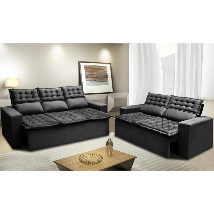 Conjunto de Sofá 3 e 2 Lugares Retrátil e Reclinável Cama inBox Slim 2,00x1,50m  Velusoft Preto