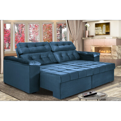 0 - Sofá New Itália 2,72m Retrátil e Reclinável Tecido Suede Azul