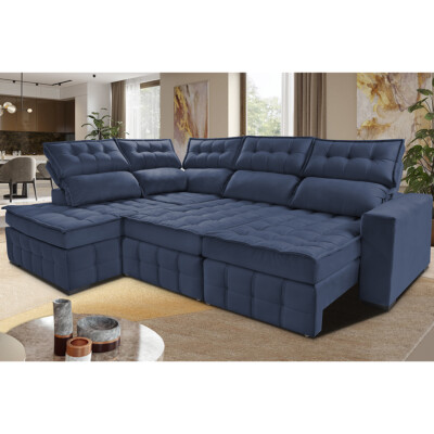 Sofá de Canto Esquerdo 2,65x2,30m Retrátil e Reclinável com Molas Ensacadas Cama inBox Nobre Azul