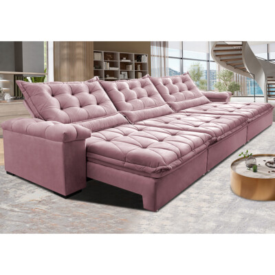 Sofá Retrátil e Reclinável 3,85m Cama inBox Big Fresh com SoftGel D40 Velupluma Rose