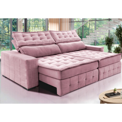 Sofá Retrátil e Reclinável 2,35m Cama inBox Big Puffer com SoftGel D40 Velupluma Rose