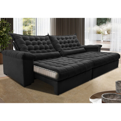 Sofá Retrátil e Reclinável 2,95m Molas Ensacadas Cama inBox Big Space com Bordado 3D Velusoft Preto