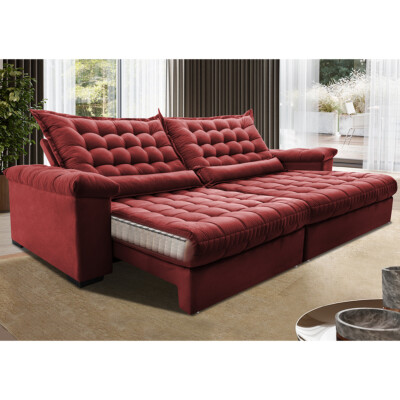 Sofá Retrátil e Reclinável 2,95m Molas Ensacadas Cama inBox Big Space com Bordado 3D Velusoft Vermelho