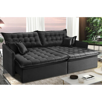 Sofá Sem Caixa Retrátil e Reclinável 1,55m Cama inBox Versátil Suede Velusoft Preto