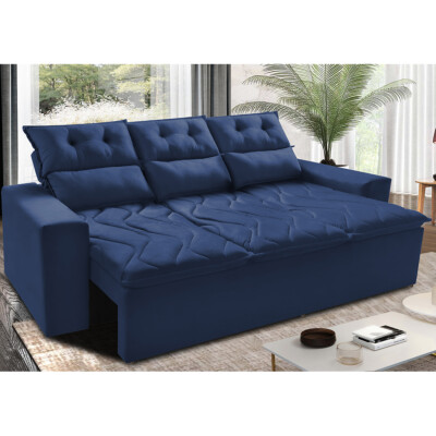 Sofá 3 Lugares Retrátil e Reclinável 2,00m Cama inBox Smal com bordado pantográfico Suede Azul