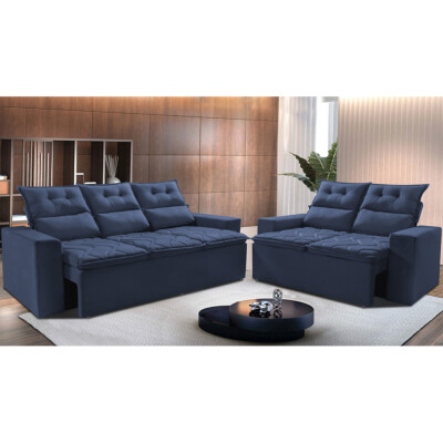 Conjunto de Sofá 3 e 2 Lugares Retrátil e Reclinável 2,00x1,50m Cama inBox Smal Suede Azul